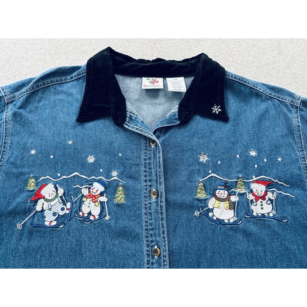 Vintage Nutcracker Shirt Blue Denim Christmas Snowmen Snowflake Tree Womens 20W